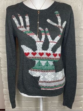 Shrinking Violet Charcoal Reindeer Intarsia Crewneck Sweater